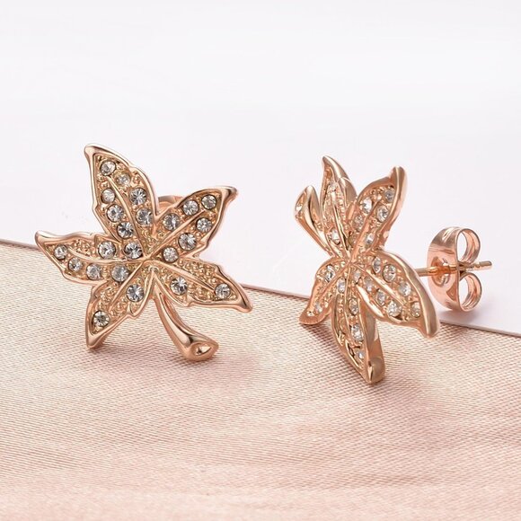 Elegant Gold Maple Leaf Cubic Zirconia Earrings for Women, Hypoallergenic Stainl - Picture 5 of 5